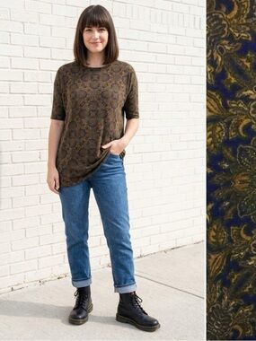 NWT LuLaRoe Women's Irma High Low Tunic Top Shirt XS Blue Yellow Brocade Floral